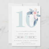 ソフトピンク赤面ブルーフローラ10TH ANY AGE誕生日 招待状 (正面)