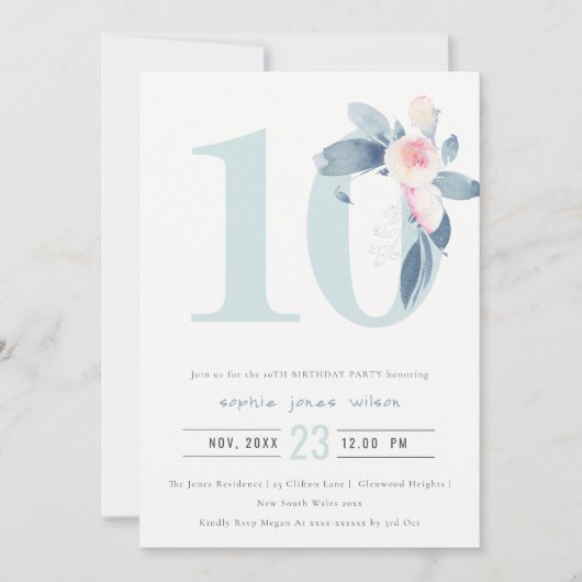 ソフトピンク赤面ブルーフローラ10TH ANY AGE誕生日 招待状 (正面)