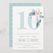 ソフトピンク赤面ブルーフローラ10TH ANY AGE誕生日 招待状 (正面/裏面)
