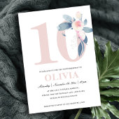 ソフトピンク赤面ブルーフローラ10TH ANY AGE誕生日 招待状