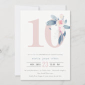ソフトピンク赤面ブルーフローラ10TH ANY AGE誕生日 招待状 (正面)