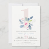 ソフトピンク赤面ブルーフローラ1st ANY AGE誕生日 招待状 (正面)