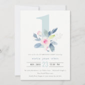 ソフトピンク赤面ブルーフローラ1st ANY AGE誕生日 招待状 (正面)