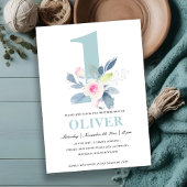 ソフトピンク赤面ブルーフローラ1st ANY AGE誕生日 招待状