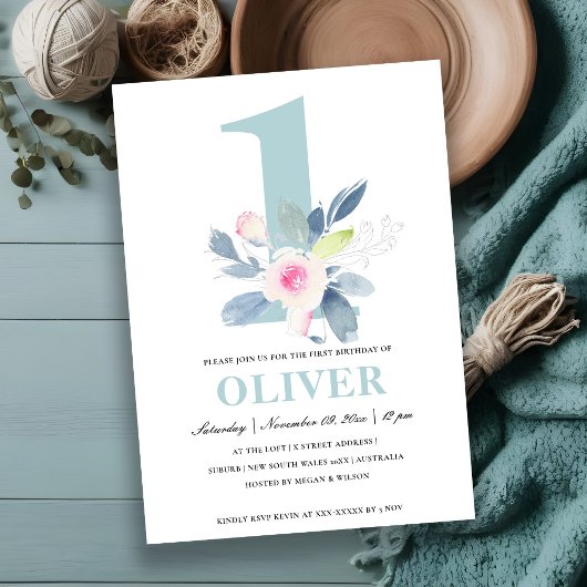 ソフトピンク赤面ブルーフローラ1st ANY AGE誕生日 招待状