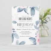 ソフトピンク赤面ブルーフローラ25th ANY AGE誕生日 招待状 (スタンド正面)