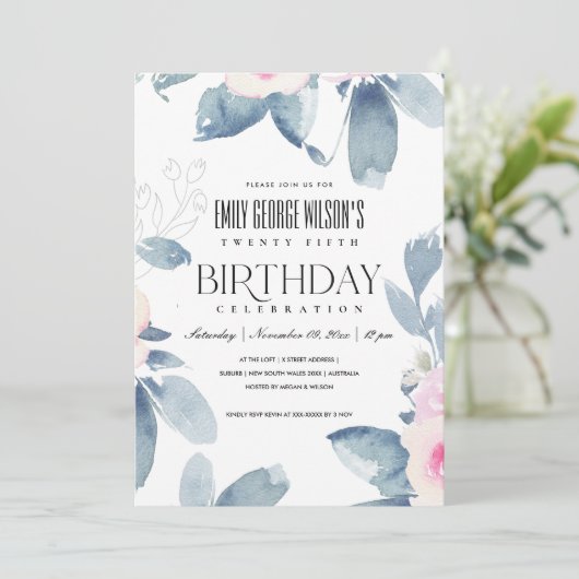 ソフトピンク赤面ブルーフローラ25th ANY AGE誕生日 招待状 (スタンド正面)