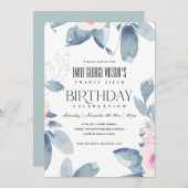 ソフトピンク赤面ブルーフローラ25th ANY AGE誕生日 招待状 (正面/裏面)