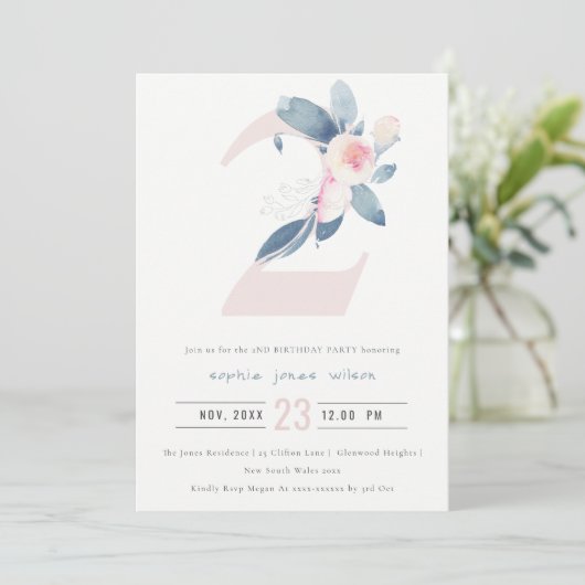 ソフトピンク赤面ブルーフローラ2nd任意の年齢誕生日 招待状 (スタンド正面)