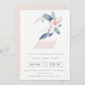 ソフトピンク赤面ブルーフローラ2nd任意の年齢誕生日 招待状 (正面/裏面)