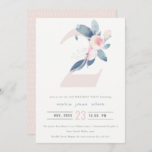ソフトピンク赤面ブルーフローラ2nd任意の年齢誕生日 招待状 (正面/裏面)