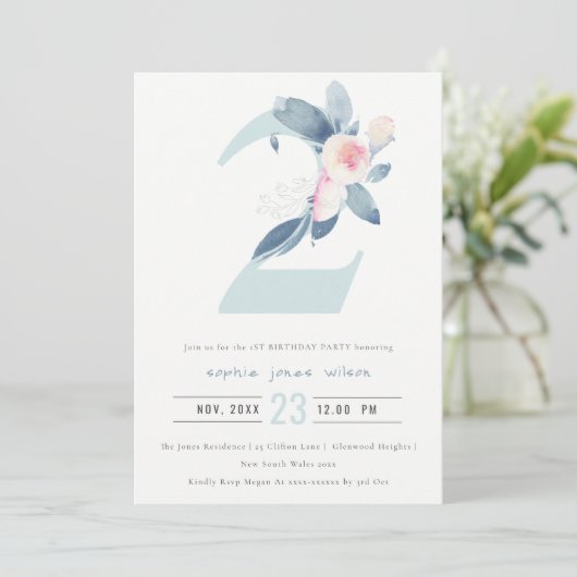 ソフトピンク赤面ブルーフローラ2nd任意の年齢誕生日 招待状 (スタンド正面)