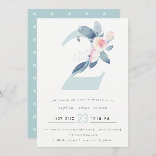 ソフトピンク赤面ブルーフローラ2nd任意の年齢誕生日 招待状 (正面/裏面)