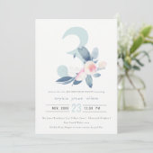 ソフトピンク赤面ブルーフローラ3rd任意の年齢誕生日 招待状 (スタンド正面)