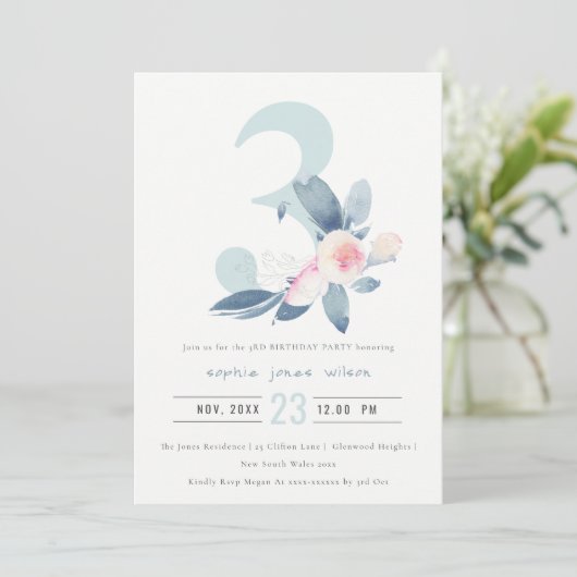 ソフトピンク赤面ブルーフローラ3rd任意の年齢誕生日 招待状 (スタンド正面)
