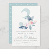 ソフトピンク赤面ブルーフローラ3rd任意の年齢誕生日 招待状 (正面/裏面)