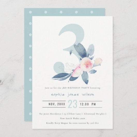 ソフトピンク赤面ブルーフローラ3rd任意の年齢誕生日 招待状 (正面/裏面)