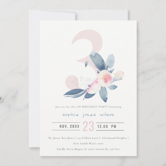 ソフトピンク赤面ブルーフローラ3rd任意の年齢誕生日 招待状 (正面)