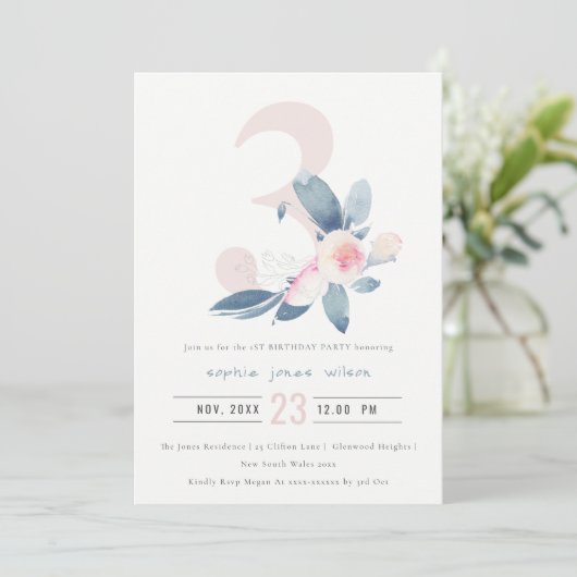 ソフトピンク赤面ブルーフローラ3rd任意の年齢誕生日 招待状 (スタンド正面)