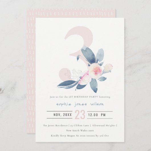 ソフトピンク赤面ブルーフローラ3rd任意の年齢誕生日 招待状 (正面/裏面)