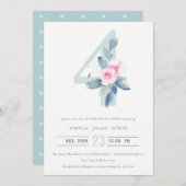 ソフトピンク赤面ブルーフローラ4th任意の年齢誕生日 招待状 (正面/裏面)