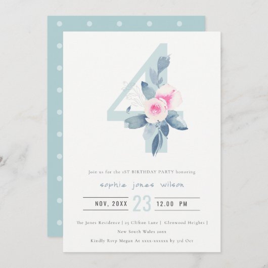 ソフトピンク赤面ブルーフローラ4th任意の年齢誕生日 招待状 (正面/裏面)