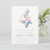 ソフトピンク赤面ブルーフローラ4th任意の年齢誕生日 招待状 (スタンド正面)