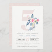 ソフトピンク赤面ブルーフローラ5th ANY AGE誕生日 招待状 (正面/裏面)