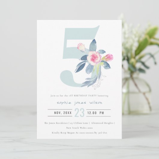 ソフトピンク赤面ブルーフローラ5th ANY AGE誕生日 招待状 (スタンド正面)