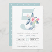 ソフトピンク赤面ブルーフローラ5th ANY AGE誕生日 招待状 (正面/裏面)