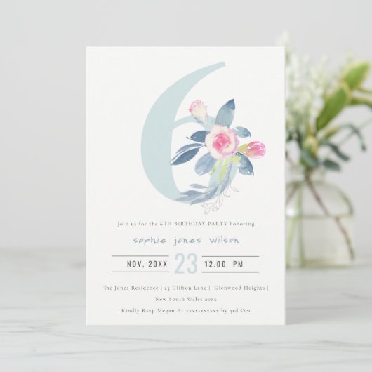 ソフトピンク赤面ブルーフローラ6th ANY AGE誕生日 招待状 (スタンド正面)