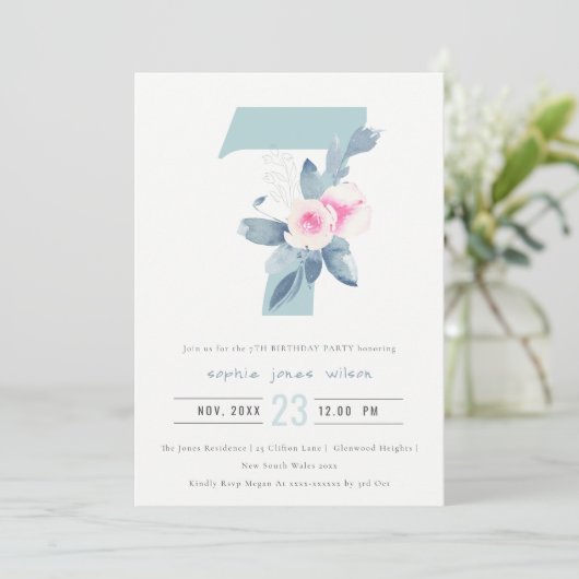 ソフトピンク赤面ブルーフローラ7 TH ANY AGE誕生日 招待状 (スタンド正面)