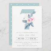 ソフトピンク赤面ブルーフローラ7 TH ANY AGE誕生日 招待状 (正面/裏面)