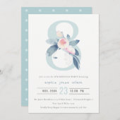 ソフトピンク赤面ブルーフローラ8th ANY AGE誕生日 招待状 (正面/裏面)