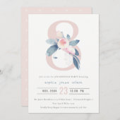 ソフトピンク赤面ブルーフローラ8th ANY AGE誕生日 招待状 (正面/裏面)