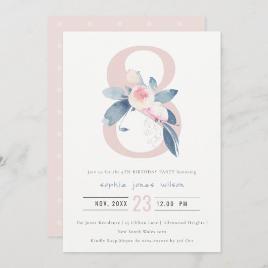 ソフトピンク赤面ブルーフローラ8th ANY AGE誕生日 招待状 (正面/裏面)