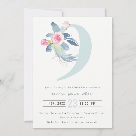 ソフトピンク赤面ブルーフローラ9th ANY AGE誕生日 招待状 (正面)