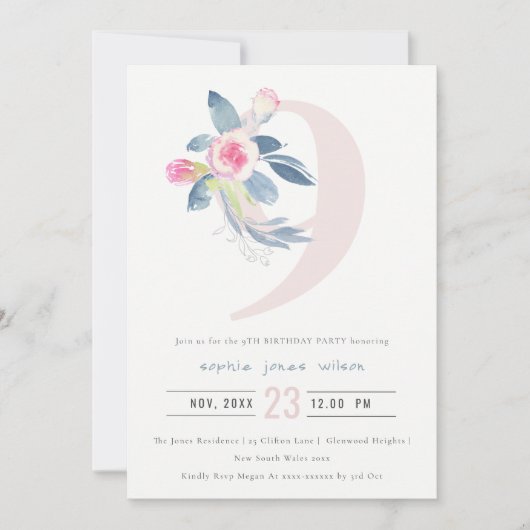 ソフトピンク赤面ブルーフローラ9th ANY AGE誕生日 招待状 (正面)