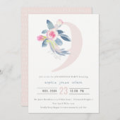 ソフトピンク赤面ブルーフローラ9th ANY AGE誕生日 招待状 (正面/裏面)