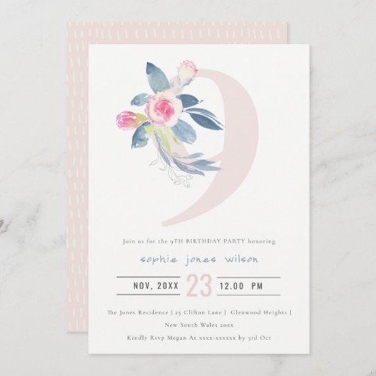 ソフトピンク赤面ブルーフローラ9th ANY AGE誕生日 招待状 (正面/裏面)
