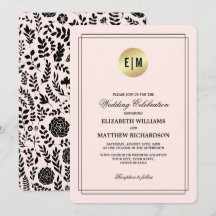 ソフトピンク ゴールド ブラック 花柄 結婚式招待状