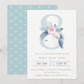 ソフトピンク ブラッシュ ブルー フラワル 8歳 誕生日 招待状 (正面/裏面)