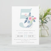 ソフトピンク ブラッシュ ブルー フラワーパターン 5歳 誕生日 招待状 (スタンド正面)