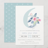 ソフトピンク ブラッシュ ブルー フラワーパターン 6歳 誕生日 招待状 (正面/裏面)