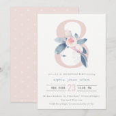 ソフトピンク ブラッシュ ブルー フラワーパターン 8歳 誕生日 招待状 (正面/裏面)