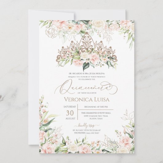 ソフトピンク&ホワイトローズラグジュアリーエレガントキンセアニェラ 招待状 (正面)