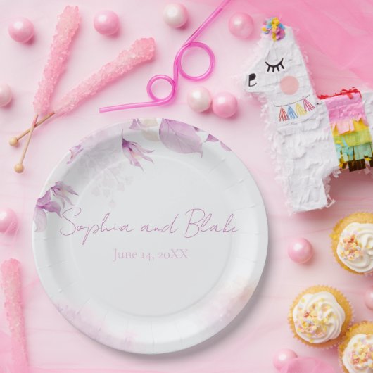 ソフトピンク モダン ボーホー フローラルとリーフ ウェディング ペーパープレート (パーティー)