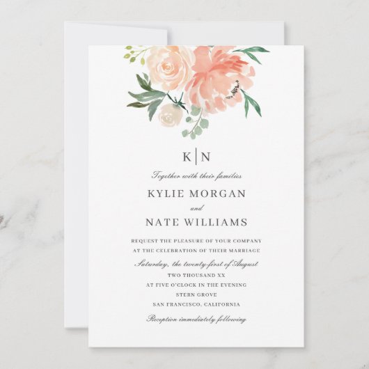 ソフトピーチウォーターカラーフローラモノグラム結婚ズ 招待状 (正面)