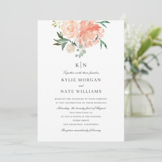 ソフトピーチウォーターカラーフローラモノグラム結婚ズ 招待状 (スタンド正面)