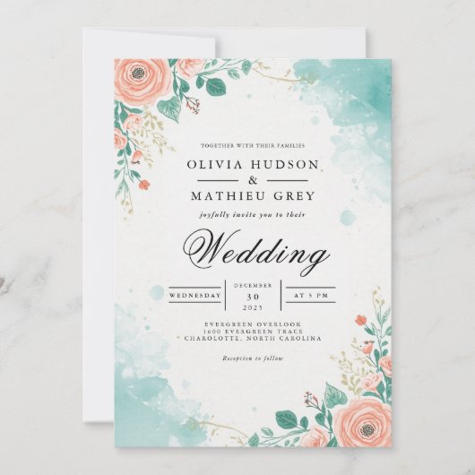 ソフトピーチティール（緑がかった色）フローラフローリッシュ結婚ズ 招待状 (正面)